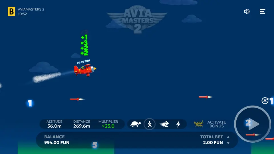 Aviamasters 2 gameplay view with plane in flight and ocean below