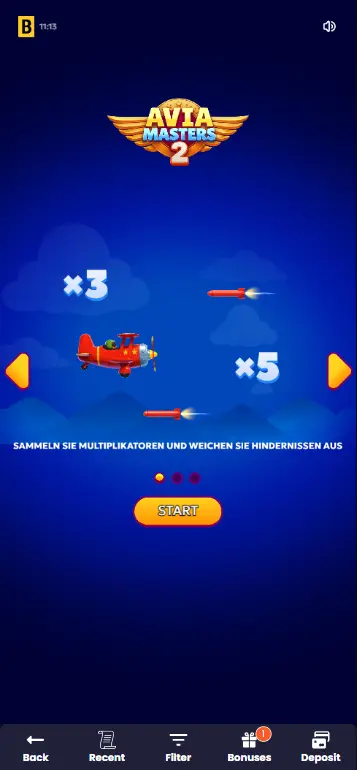 Setting bet size and starting a round in Aviamasters 2